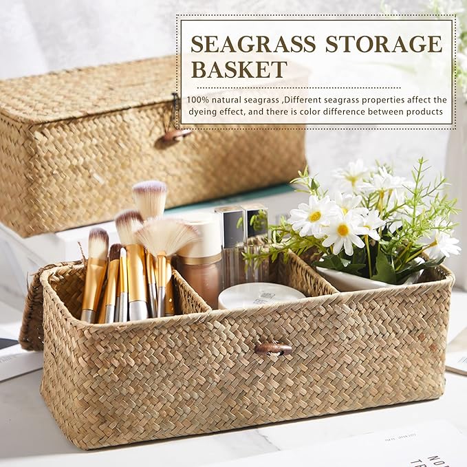 Cunhill 2 Pieces Seagrass Baskets with Lid Toilet Paper Basket with Lid Rectangular Hand Woven Wicker Bin Storage Box for Toilet Dresser Shelves Organizing(12.6 x 4.72 x 4.33 Inches,Natural Color)