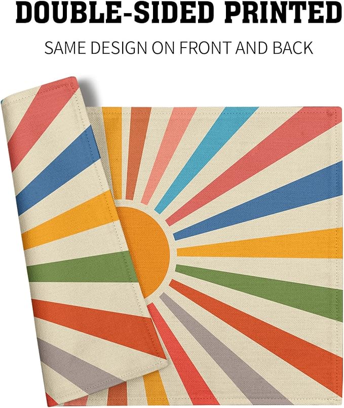 Colorful Boho Placemats Set of 6 Rustic Retro Rainbow 70s Sun Linen Washable Kitchen Dining Table Mats Stain Heat-Resistant Desktop Decor Place Mats for Home Party Indoor 12x18 in