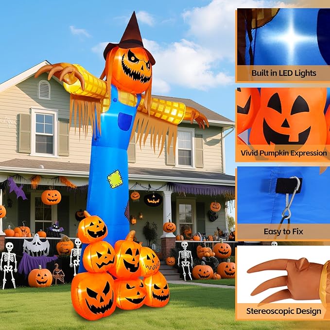 Kalolary 12.5 FT Halloween Inflatables with Music, Giant Pumpkin Scarecrow Inflatable with LED Light Blow Up Yard Decor with Scary Sound for Outdoor Garden Lawn Holiday Party Supplies