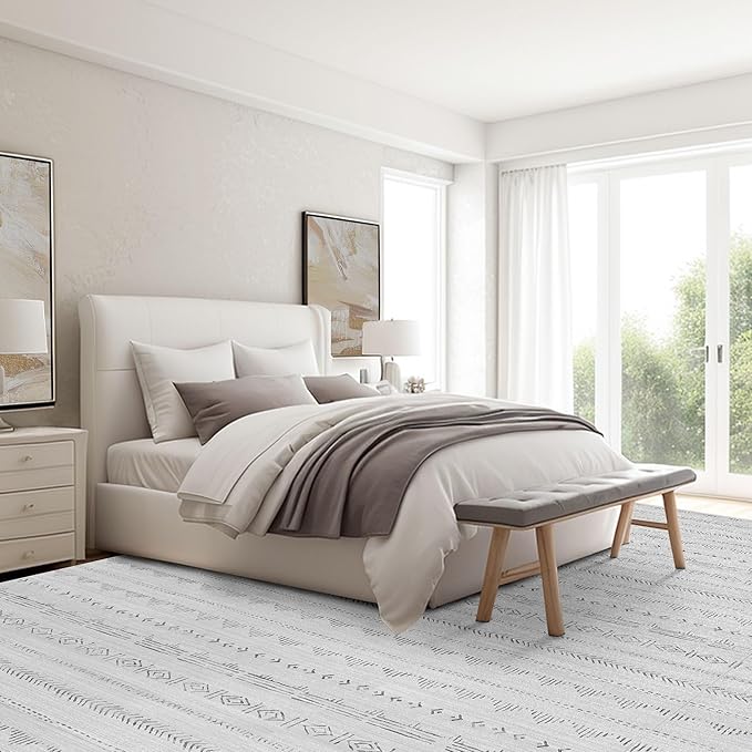 Deerly Large Area Rug, Washable 9x12 Area Rug, Boho Rug for Living Room, Moroccan Rug Farmhouse Washable Rug with Non-Slip Backing, Neutral Morden Indoor Carpet for Bedroom Dining Room, Light Grey