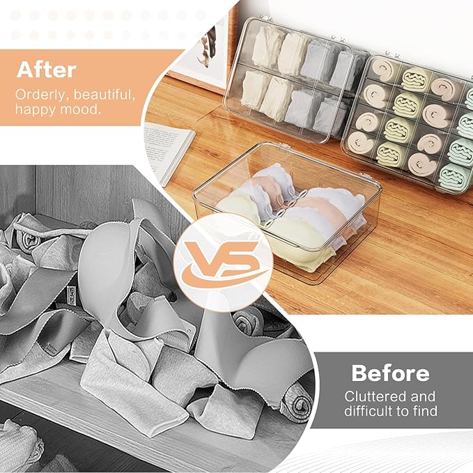2pcs Sock Underwear Organizer, 16 Compartment Adjustable Dividers Bras Socks Underwear Drawer Organizers for Closet, Clear Plastic Storage Containers Box with Lids for Ties Bra Scarf Socks