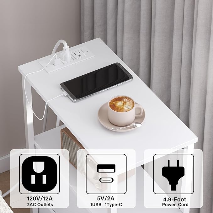 TUTOTAK Small Narrow LED End Table with Charging Station, Side Table Outlets, Nightstand with Cloth Drawer, Set of 2, Couch Table, for Living Room, Bedroom, Bedside, White TB01BW059