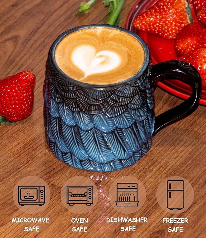 16 oz Coffee Mugs with Handle - Vintage Ceramic Tea Cup Reusable for Pour Over Coffee Lover Gifts - Aesthetic Flat Bottom Tea Mug with 3D Feather Engraving, Microwave & Dishwasher Compatible