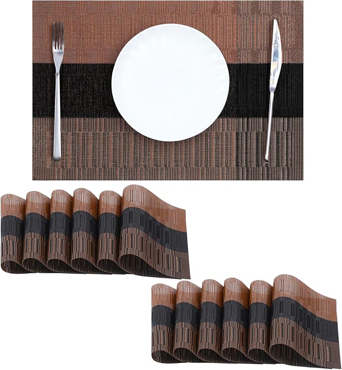 Leetaltree Brown with Black Striped Placemats Set of 12 - Heat Resistant Non-Slip Place mats for Dining Table, Washable Durable PVC Vinyl Woven Table Mats(Brown Stripe, 12)
