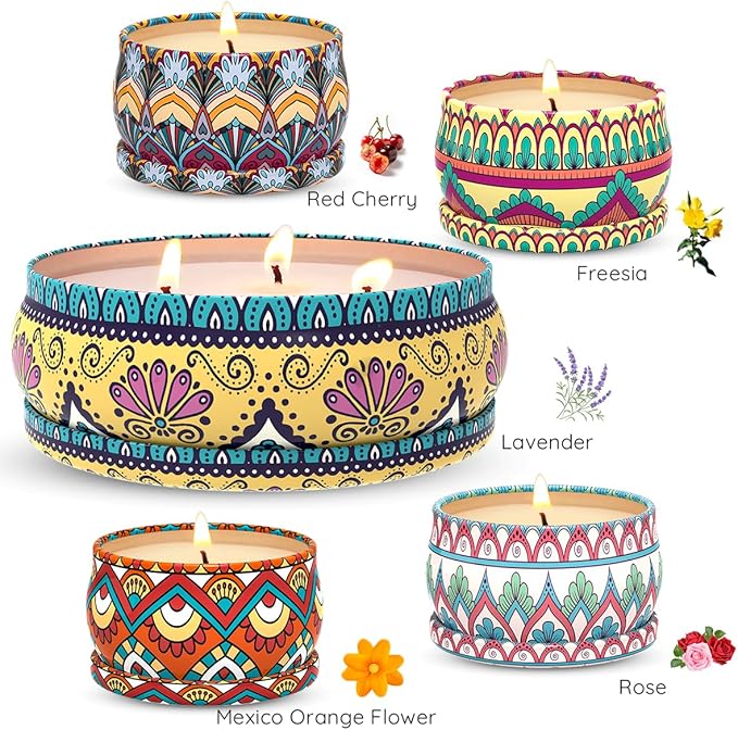 5 Pack Scented Candles Gift Set for Women Mother's Day, Natural Soy Wax Strong Lavender, Rose, Freesia and Orange Blossom Aromatherapy Stress Relief Candles in Bohemian Metal Tin