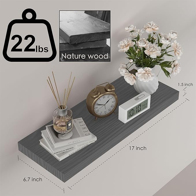 Floating Shelves for Wall- 17 Inch Natural Wood Shelves for Bathroom, Bedroom, Kitchen Decor, Farmhouse Decor Set of 2, Grey