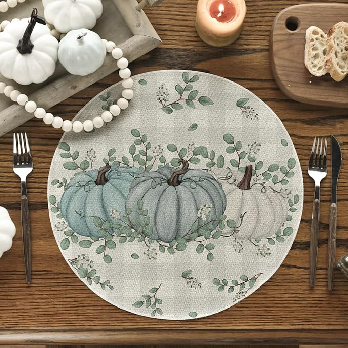 Artoid Mode Pumpkins Eucalyptus Leaves Round Fall Placemats Set of 6, 14 Inch Seasonal Autumn Table Mats for Table Runner Dining Decoration