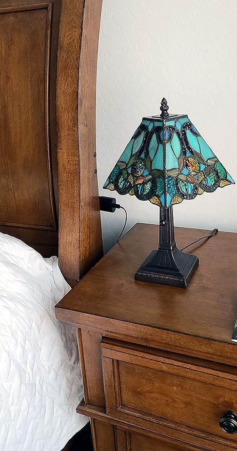 Tiffany Style Mini Accent Lamp 15" Tall Stained Glass Blue Green Vintage Antique Light Décor Living Room Bedroom Handmade Gift AM253TL08B Amora Lighting