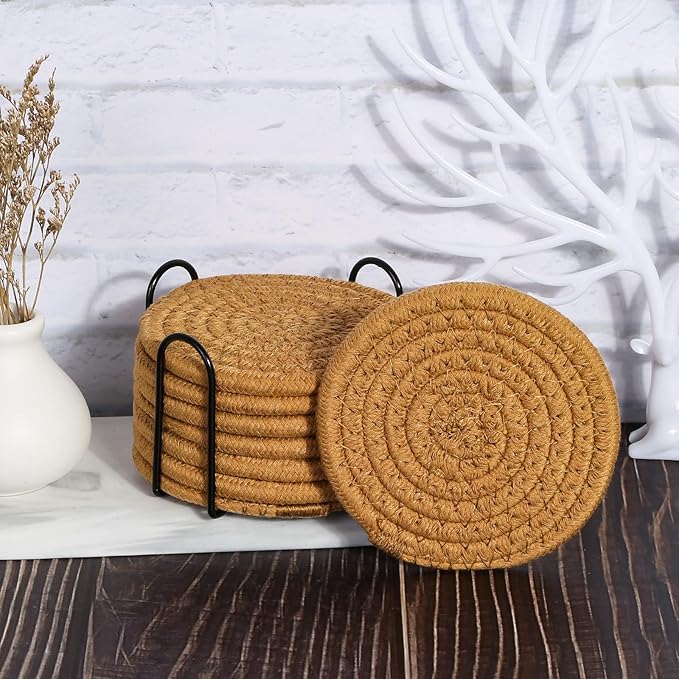 Mckanti 8 Pcs Drink Coasters with Holder, Absorbent Coasters for Drinks, Minimalist Cotton Woven Coaster Set for Home Decor Tabletop Protection Suitable for Kinds of Cups, 4.3 Inches.