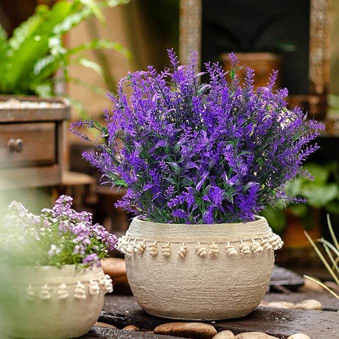 8 Pack Artificial Plants Flowers Grass Shrubs Lavender No Fade Faux Plastic Flowers Outdoor for Farmhouse Garden Porch Patio Indoor Wedding Decoration Greenery Fake Plants uv Resistant