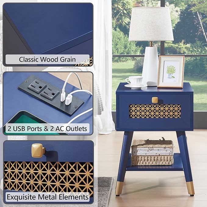 Mid Century Modern End Table for Living Room, Small Side Tables with Charging Station, Outlets and USB Ports, Blue Wood Nightstand with Storage Drawer and Open Shelf