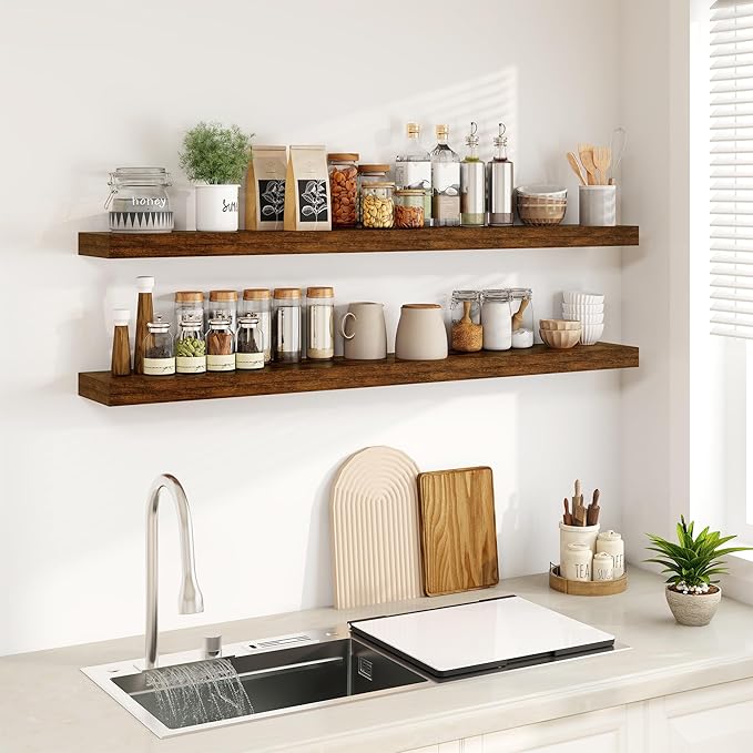 Fun Memories Floating Shelves for Wall, 55Inch Floating Shelves Set of 2, Hanging Shelf with Invisible Brackets, Wood Shelves for Living Room, Bedroom, Kitchen, Brown