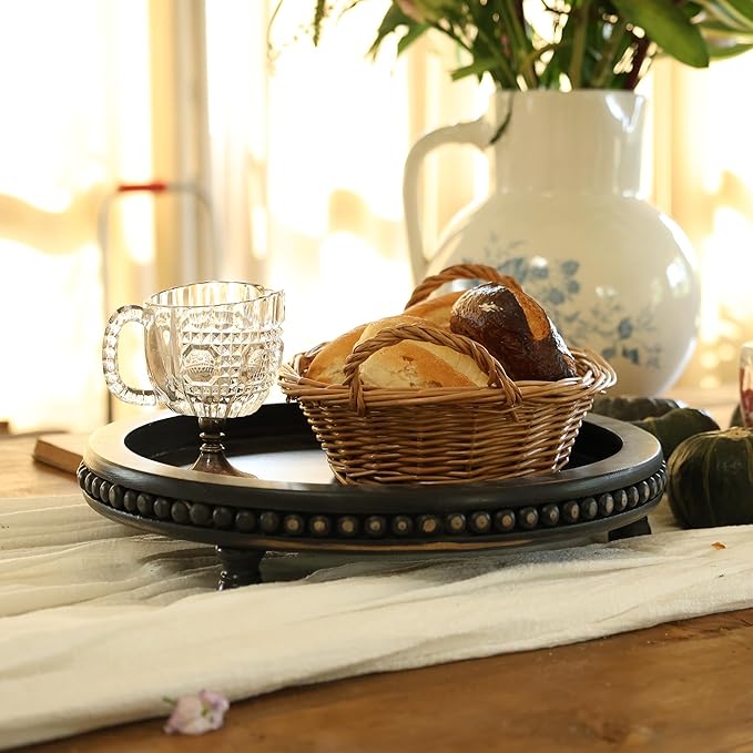 Wooden Tray for Home Decor, Round Wood Beaded Tray, Decorative Tray for Living Room Decor Coffee Table Decor Kitchen Table Decor or Farmhouse Decor Serving Tray (Black)