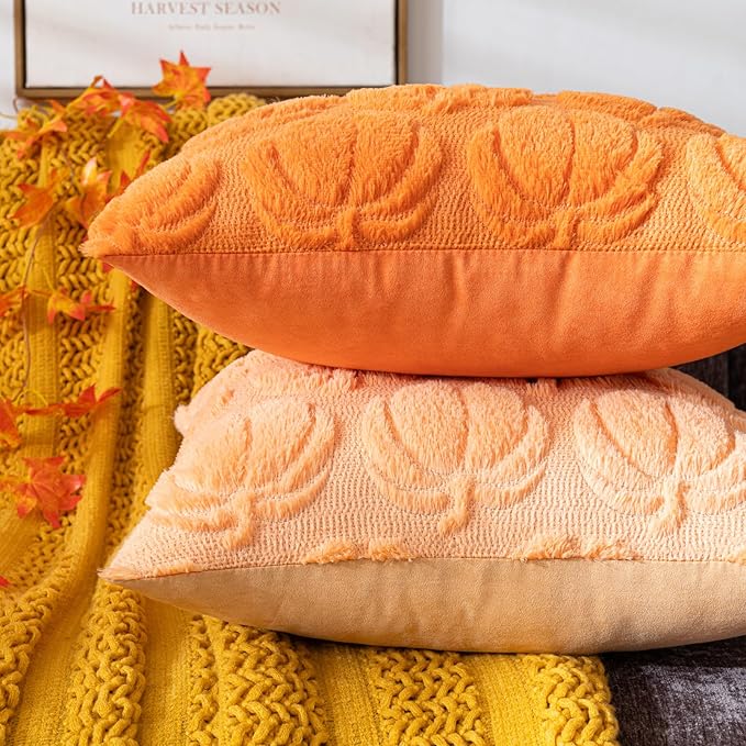 Pumpkin Fall Decorative Throw Pillow Covers 12"x20", Set of 2 Light Gold Soft Faux Fur Pillow Covers for Autumn Harvest, Fluffy Plush Accent Pillow Cases for Farmhouse Couch Cushion Covers