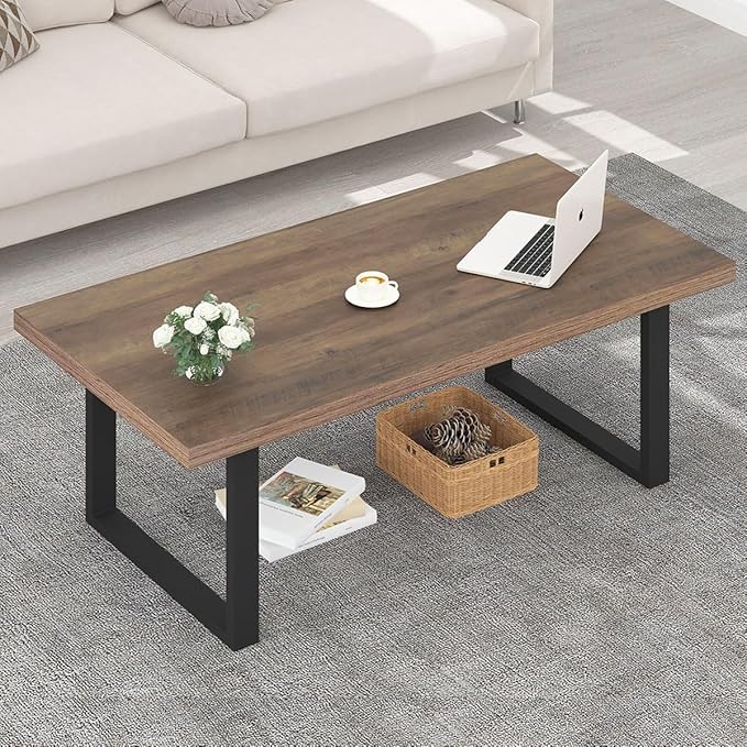 IBF Farmhouse Coffee Table, Modern Coffee Table for Living Room, Simple Industrial Rectangle Center Table, Wood Metal Tea Table for Home Bedroom Office, Rustic Oak, 47 in