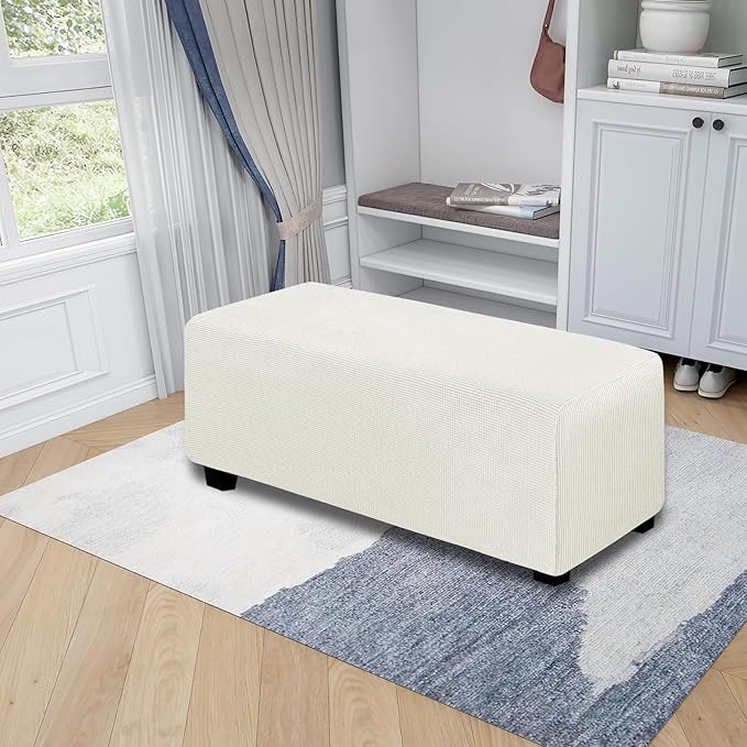 Easy-Going Stretch Ottoman Cover Folding Storage Stool Furniture Protector Soft Rectangle Slipcover with Elastic Bottom (Ottoman X-Large,Cream)
