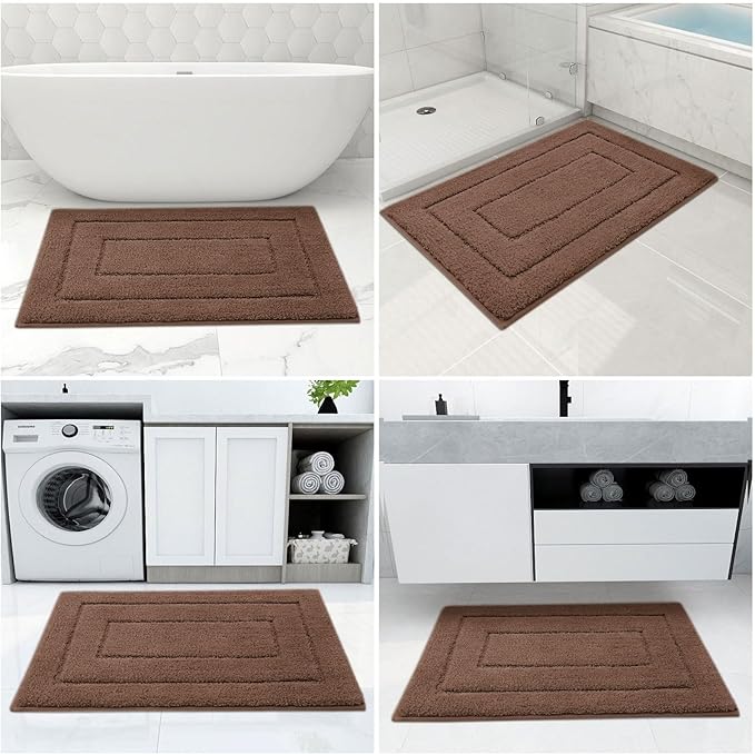 Buganda Bathroom Rugs, 47" x 24", Soft and Absorbent Microfiber Bath Rugs, Non-Slip Shaggy Shower Carpet, Machine Wash Dry Bath Mats for Bathroom Floor, Tub and Shower, Brown