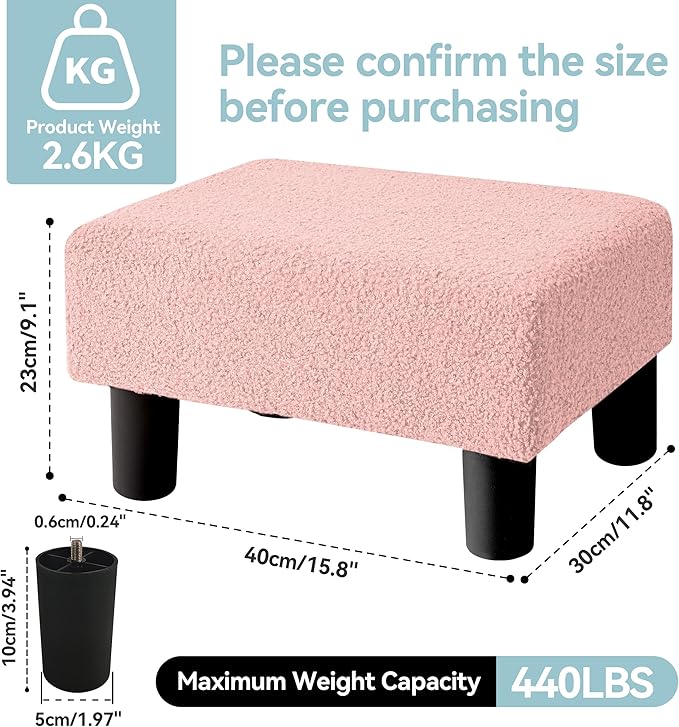 BRIAN & DANY Small Foot Stool Ottoman, Footstool with Legs, Teddy Velvet Foot Rest for Living Room, Bedroom and Office, Pink