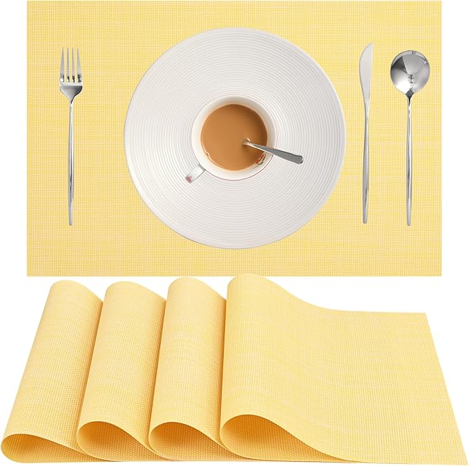 Zupro Placemats Set of 4 Washable Heat-Resistant Non Slip Braided Table Mats Woven PVC Vinyl Kitchen Dining Patio Table Place Mats for Dinner Parties BBQs Indoor and Ourdoor Use.18"x12"(Light Yellow)