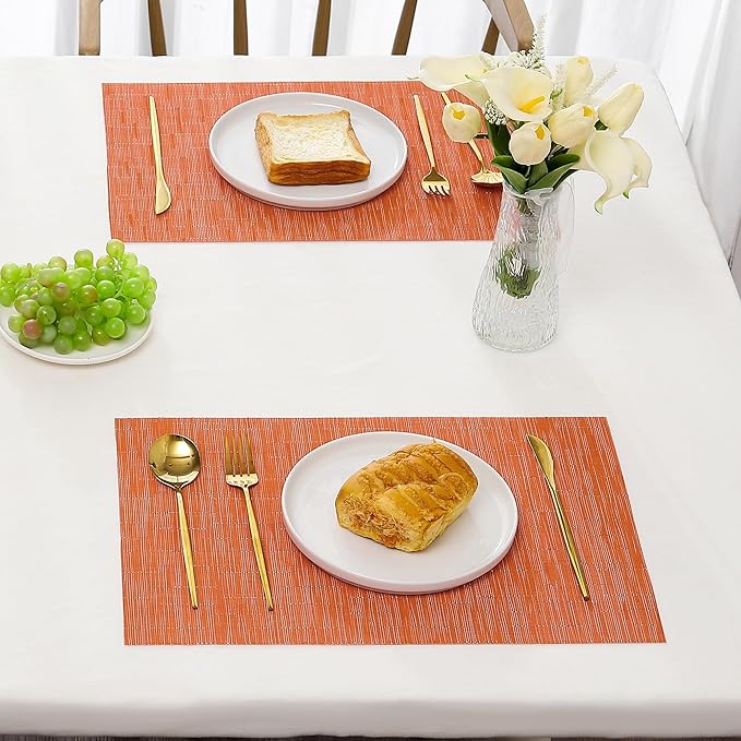 Leetaltree Orange Placemats Set of 6 - Heat Resistant Non-Slip Place mats for Dining Table, Washable Durable PVC Vinyl Woven Table Mats(Orange, 6)