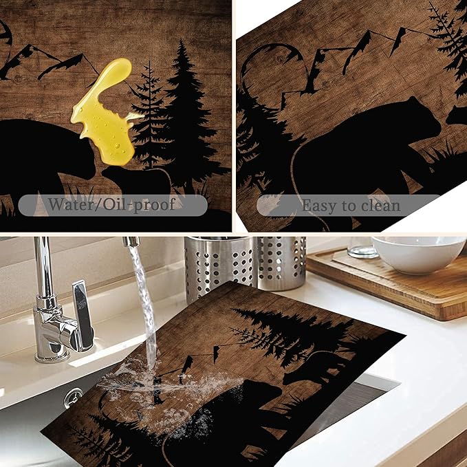 Bear Lodge Placemats Set of 6,Washable Heat Resistant 12×18 Inch Linen Table Mats Farmhouse Wooden Place Mats for Party Outdoor Dining Décor