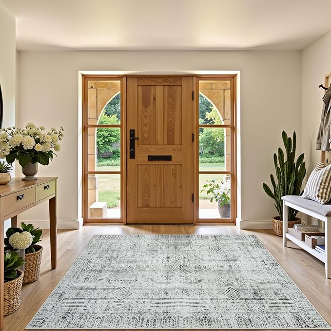 Lahome Mid Century Modern Rug for Office 5x7, Washable Grey Rugs for Living Room, Soft Neutral Dorm Room Rug for Bedroom Aesthetic, Rubber Backed Non-Slip Carpet for Dining Room