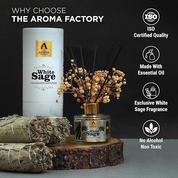 The Aroma Factory Fragrance Reed Diffuser Set with Natural Essential Oil, Aroma Sticks & Real Preserved Flowers | Luxury Home Decor Scent (White Sage, 1 Pack)