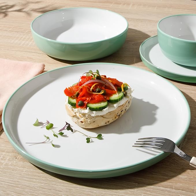 Sur La Table Kitchen Essentials 16 Piece Two-Tone Porcelain Chip and Scratch Resistant Dinnerware Plates and Bowls Set - Green/White
