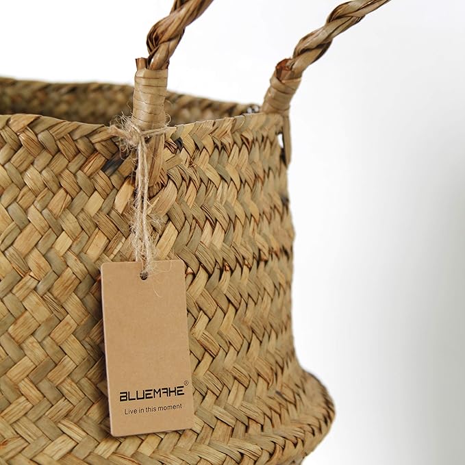 Woven Seagrass Wicker Basket with Handle - Planters for Indoor Plants, Storage & Picnic Basket Organizer, Garden Basket Fits 6-7 Inch Plant Pots & Groceries (Small, Original)