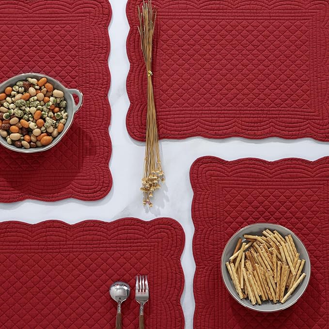 HOMBYS Quilted Placemats Set of 6 Washable-13x18 inches Rectangular Placemats for Kitchen Table-100% Cotton fabric cover and 100% polyester fiber filling Rectangular Table Mats-Cotton (18"x13", Red)