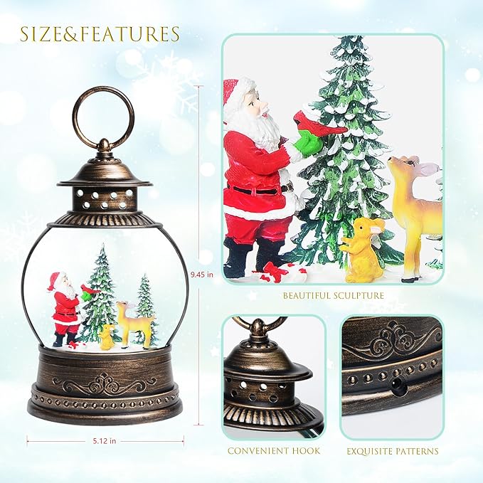 Christmas Snow Globes, 9.45" Santa Claus Glitter Water Lantern with 8 Songs, 6H Timer Battery & USB Powered Music Box for Christmas Decorations Indoor