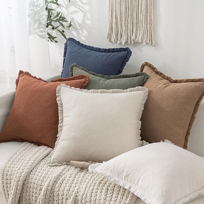 MIULEE Decorative Throw Pillow Covers Neutral Linen Fringe Throw Pillows Set of 2 Indigo Blue Boho Farmhouse Cushion Covers with Tassels for Couch Sofa Bed Living Room Spring Home Decor 20x20 Inch