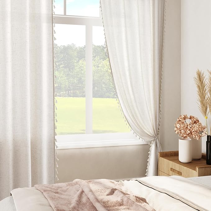 Beige Boho Linen Curtains 80 Inches Long 2 Panels Textured Farmhouse Semi Sheer Window Curtains Tassels Back Tab Neutral Light Filtering Chic Curtain Drapes for Living Room Bedroom 38x80