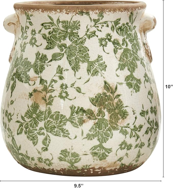 10in. Tuscan Ceramic Green Scroll Planter