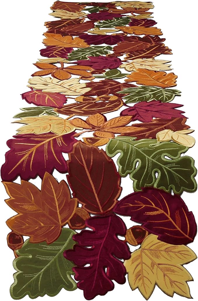 OWENIE Fall Table Runner, Thanksgiving Table Runner Extra Long 144 Inches ,Embroidered Harvest Leaves Home Decor for Autumn Season Outdoor Table Holiday Decorations, 13 x 144 inches Dresser Scarf