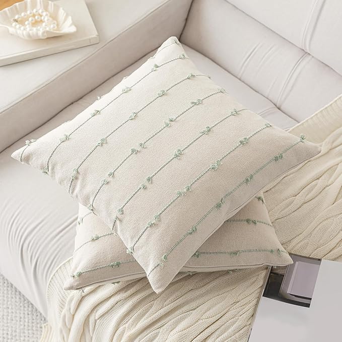 Boho Throw Pillow Covers 24x24 Set of 2 Modern Farmhouse Decorative Cushion Case Tufted Square Pillows Cover Neutral Pillow Cases Accent Pillowcase for Sofa,Couch,Bed,Beige and Green