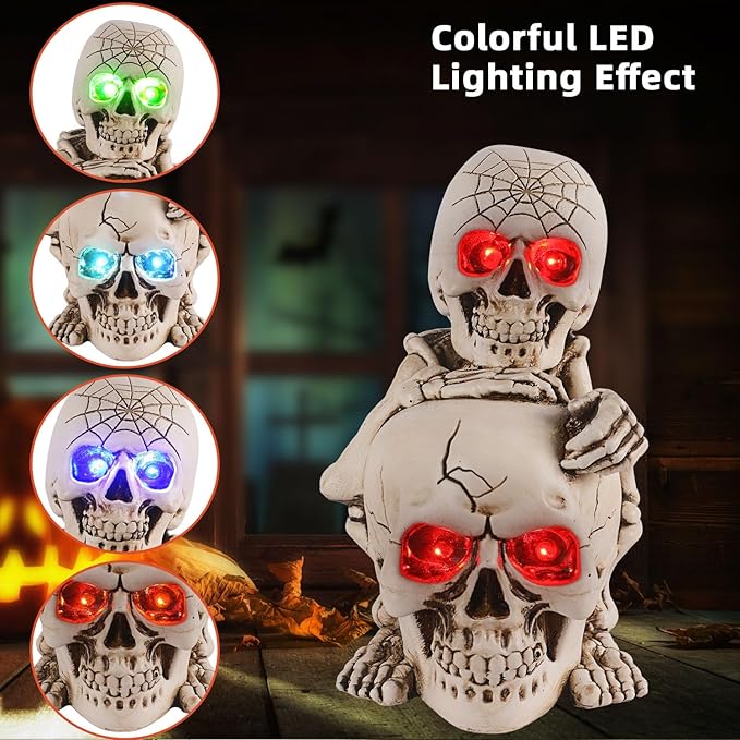 Halloween Skull Decor Resin Skeleton Head Stack Solar Garden Statue Unique Garden Decor for Outside Yard Porch Lawn, Ideal