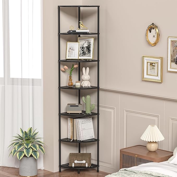 Book Corner Shelf, 7 Tier Corner Bookshelf Display for Living Room Decor, 64.7" Standing Shelf Bookcase Organizer, Marble Black Storage Shelves for Bedroom, Bathroom, Small Space