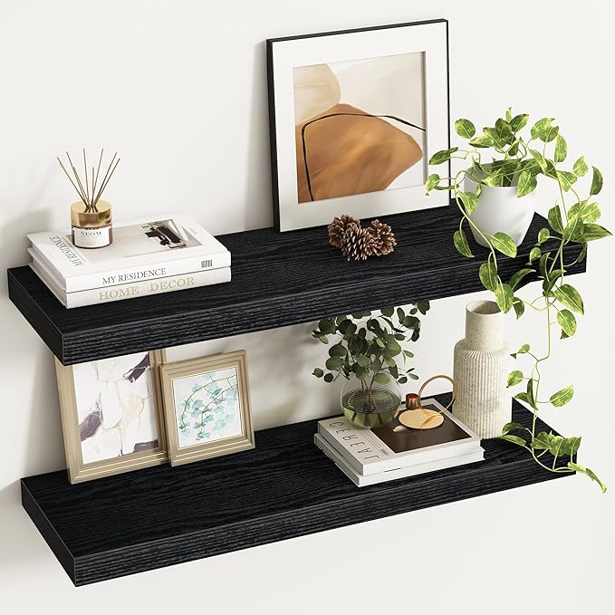 32Inch Floating Shelves, 9.3Inch Deep Rustic Wall Shelves - Extra Deeper & Thicker Wall Mounted Storage Shelf for Kitchen, Farmhouse - Set of 2 - Rustic Black