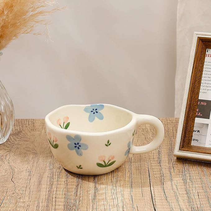 Koythin Ceramic Coffee Mug, Handmade Hot Chocolate Mugs, Cute Cup for Girl Women, Aesthetic Tea Milk Cup with Handle, 8.5 oz/250 ml for Latte, Cocoa, Office, Home (Blue Tulip Flowers)