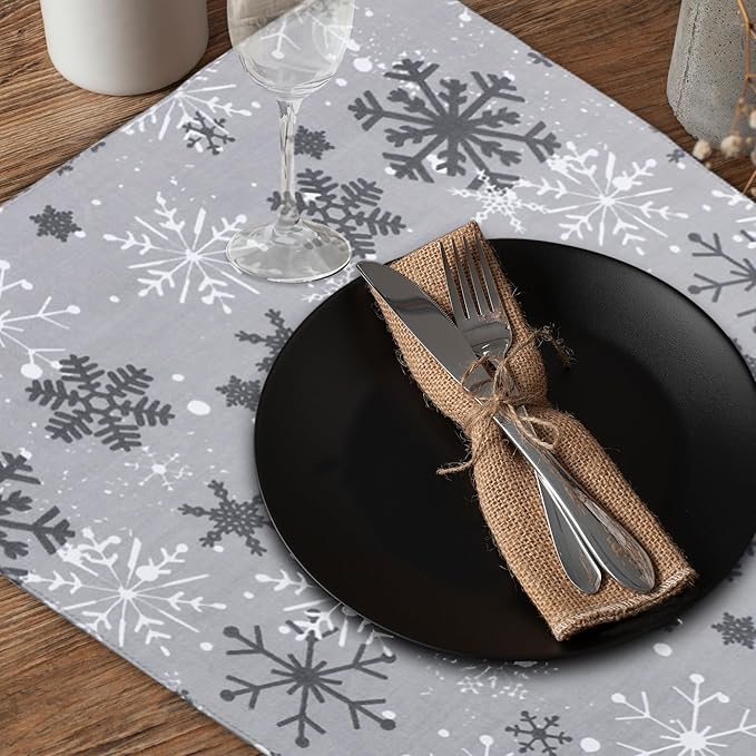 Urban Villa Placemats Grey Snowflake 100% Cotton Fused Tablemats for Dining 14''x20'' Over Sized Set of 6 Placemats for Christmas Celabrations Wedding Parties Every Day Use Heavier Quality Placemats