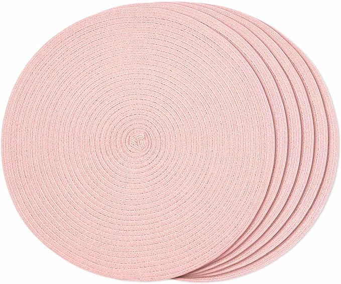 FunWheat Round Braided Placemats Set of 6 Place mats for Dining Tables Woven Heat Resistant Table Mats 15 inch (Pink)