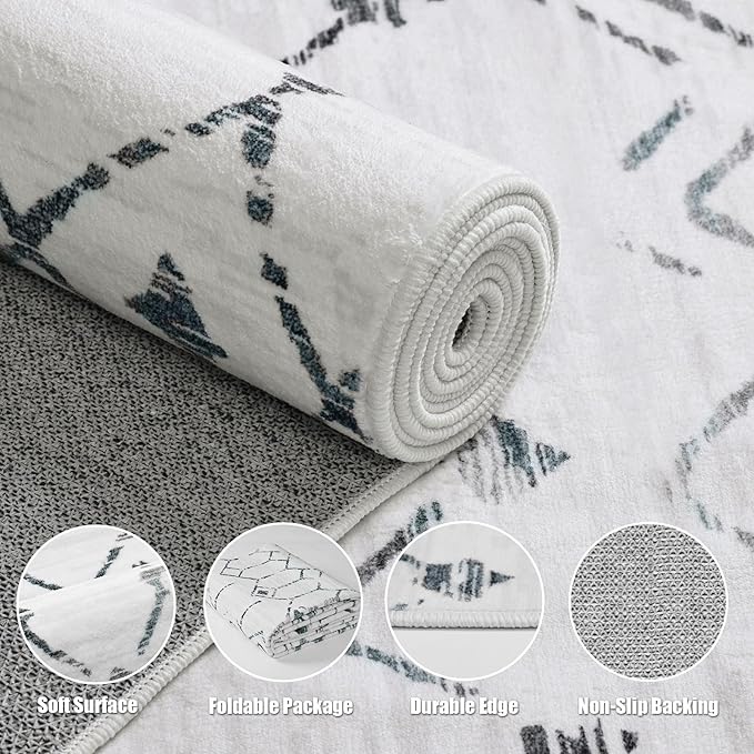Deerly Living Room 8 x 10 Rug, Boho Moroccan Farmhouse Washable Distressed Area Rug with Non-Slip Backing, Large Soft Neutral Morden Indoor Carpet for Bedroom Dining Room, White/Dark Grey