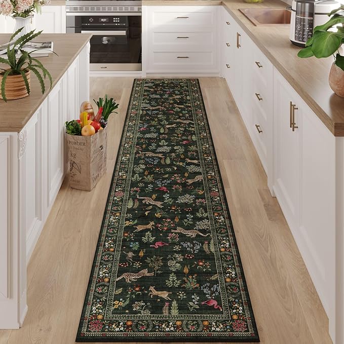 Runners for Kitchen Rug Non Slip 2'x10' Long Washable Rugs with Rubber Backing Soft Floral Animal Carpet Runner for Kitchen, Laundry, Bedroom, Bathroom (Green)