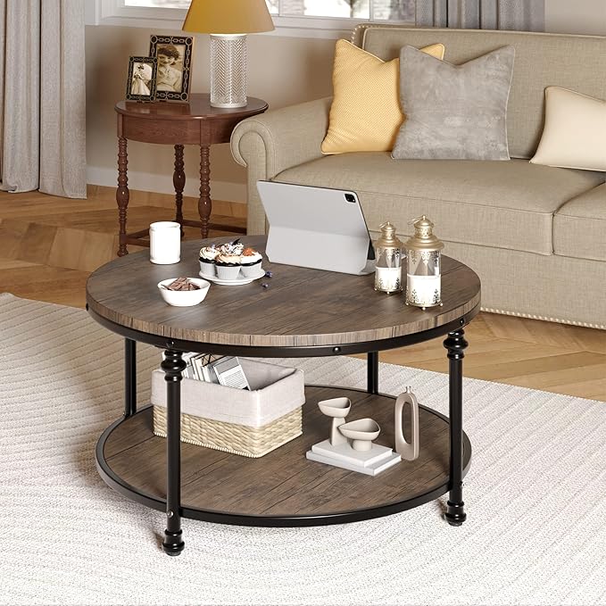 IDEALHOUSE Round Coffee Table for Living Room Rustic Center Table with Storage Shelf Wood Circle Coffee Table with Sturdy Metal Legs, Easy Assembly