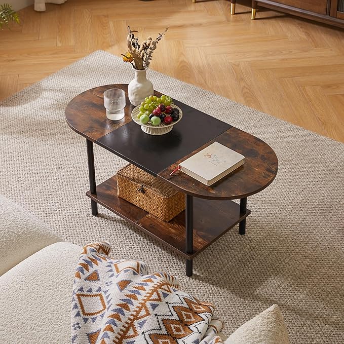 Mid Century Modern Coffee Table, Rustic Coffee Table Unique Color Contrast Design, 2-Tier Center TV Table 35x16x17in Rustic Brown + Black YD-011BH