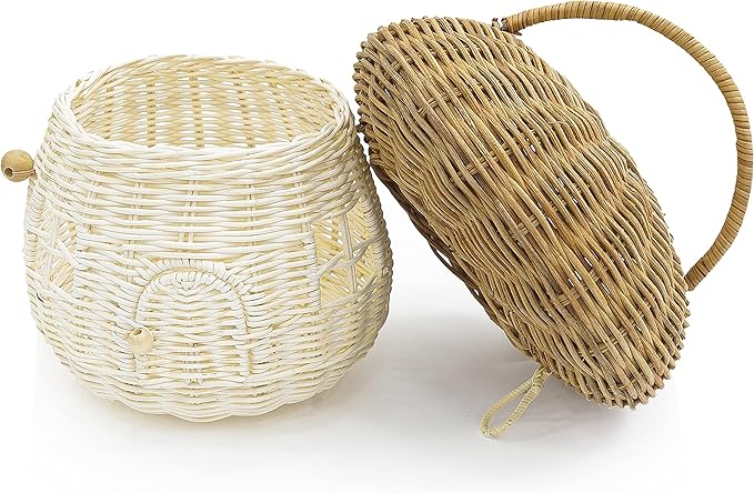 KOLWOVEN Mushroom Rattan Storage Basket with Lid - Mouse in a Box House- Small Doll house- Decorative Hand Woven Shelf Organizer Cute Handmade Handcrafted Gift Decoration Artwork Wicker (Natural)