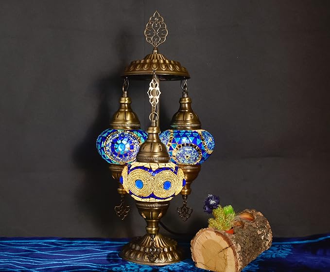 mozaist 3 Light Moroccan Mosaic Table Lamp, Stained Glass Boho Style Turkish Desk Lamp, Farmhouse Antique Living Room, Office Decorative Vintage Lighting with US Plug & E12 Socket (Blue & White)