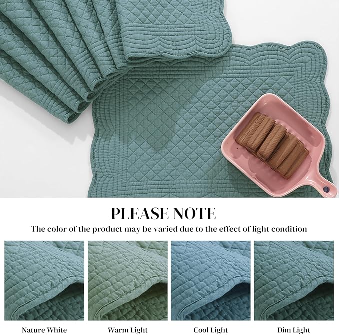 HOMBYS Quilted Placemats Set of 6 Washable-13x18 inches Rectangular Placemats for Kitchen Table-100% Cotton Fabric Rectangular Table Mats, (Dark Green)