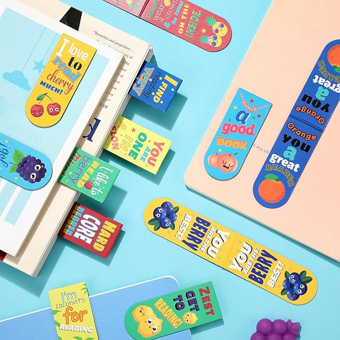 48 Pack Scented Bookmarks Magnetic Scratch and Sniff Fruit Food Bookmarks for Kids Cute Page Markers with Sayings for Kids Students Teens Teachers(Fruit Flavor)